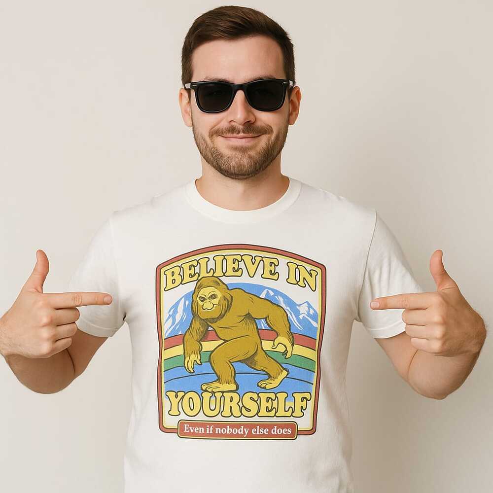 DOM Mens S White Tee Shirt Believe In Yourself Sasquatch Bigfoot Graphic